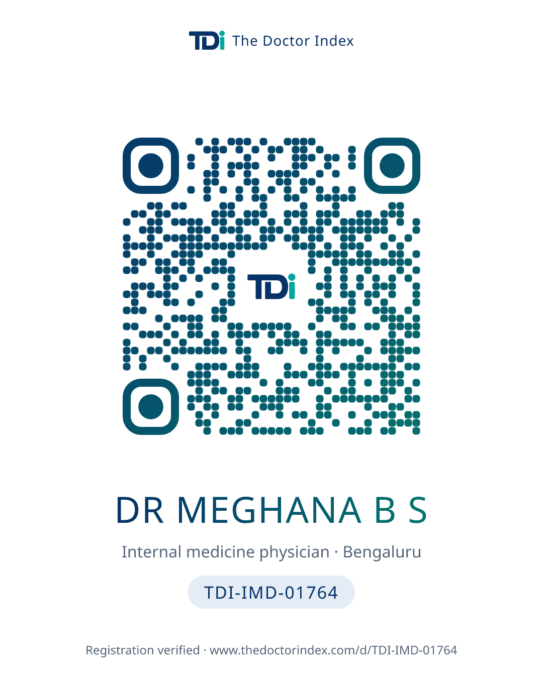QR card for Dr Meghana B S, TDI-IMD-01764