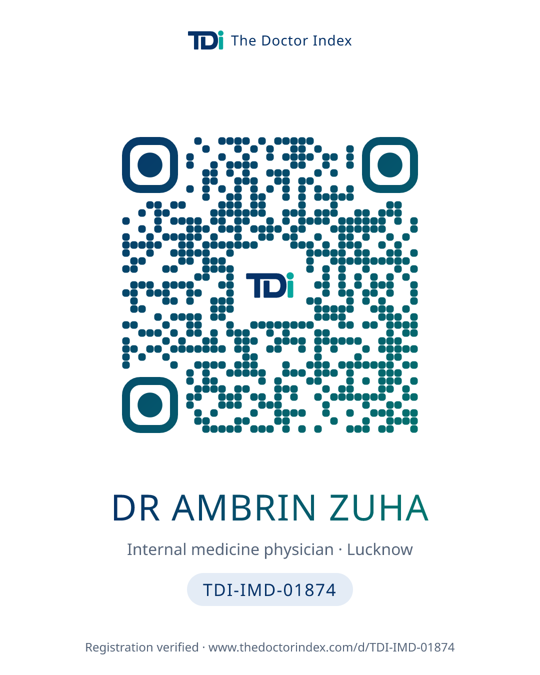 QR card for Dr Ambrin Zuha, TDI-IMD-01874