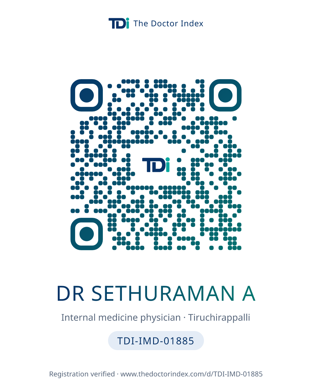QR card for Dr sethuraman A, TDI-IMD-01885