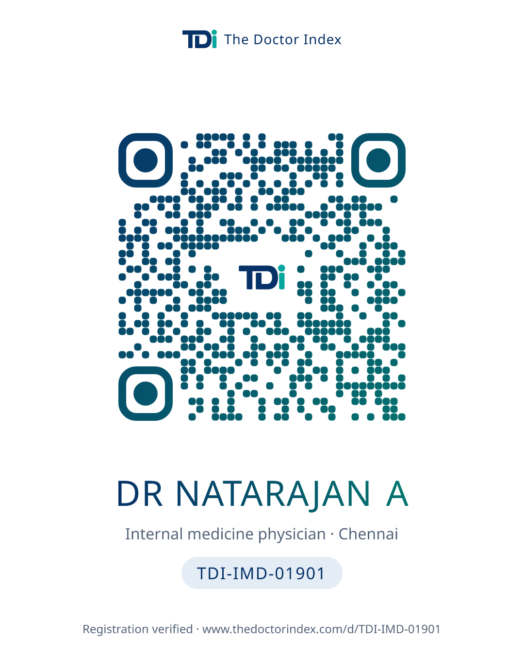 QR card for Dr Natarajan A, TDI-IMD-01901