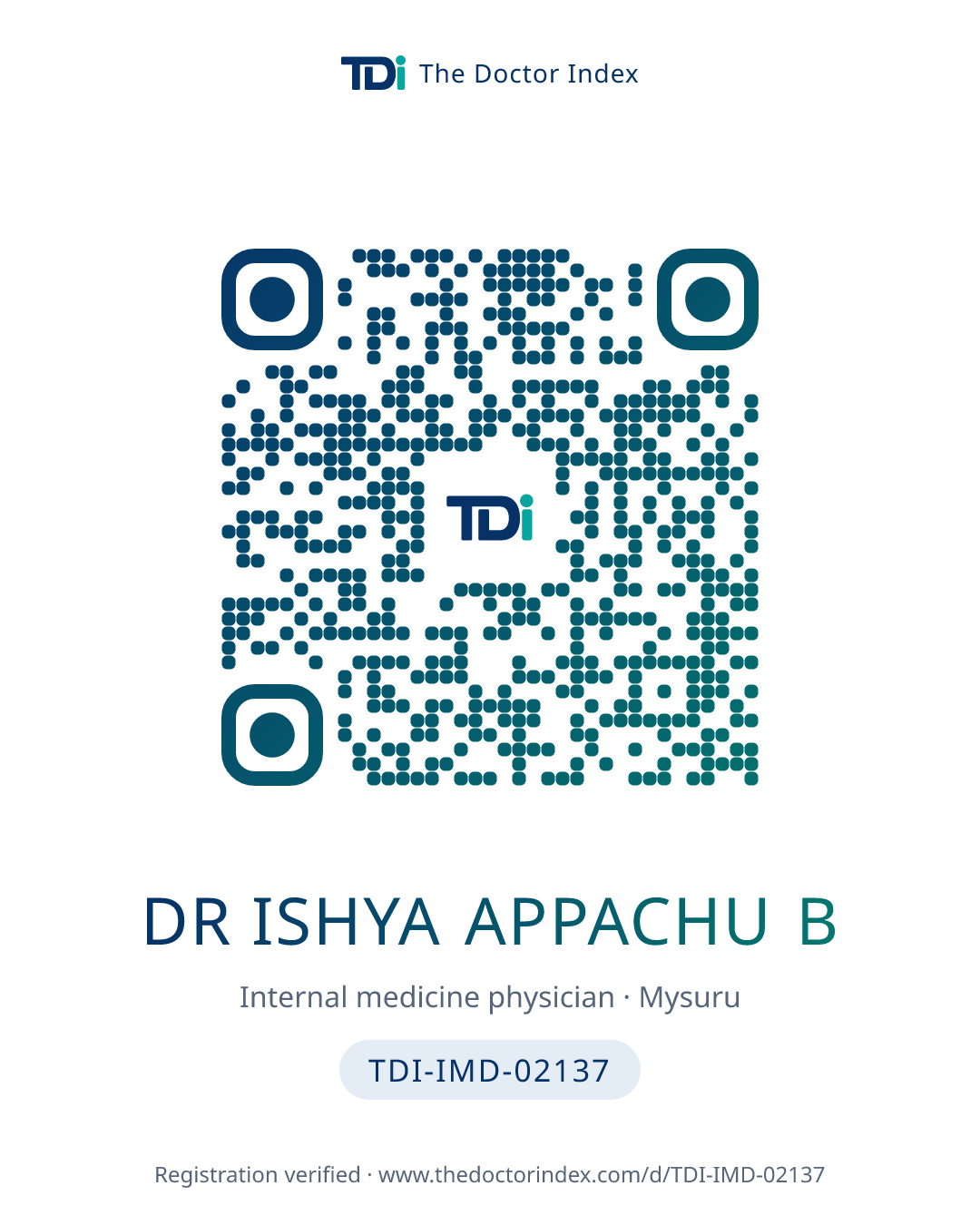 QR card for Dr ishya Appachu B, TDI-IMD-02137