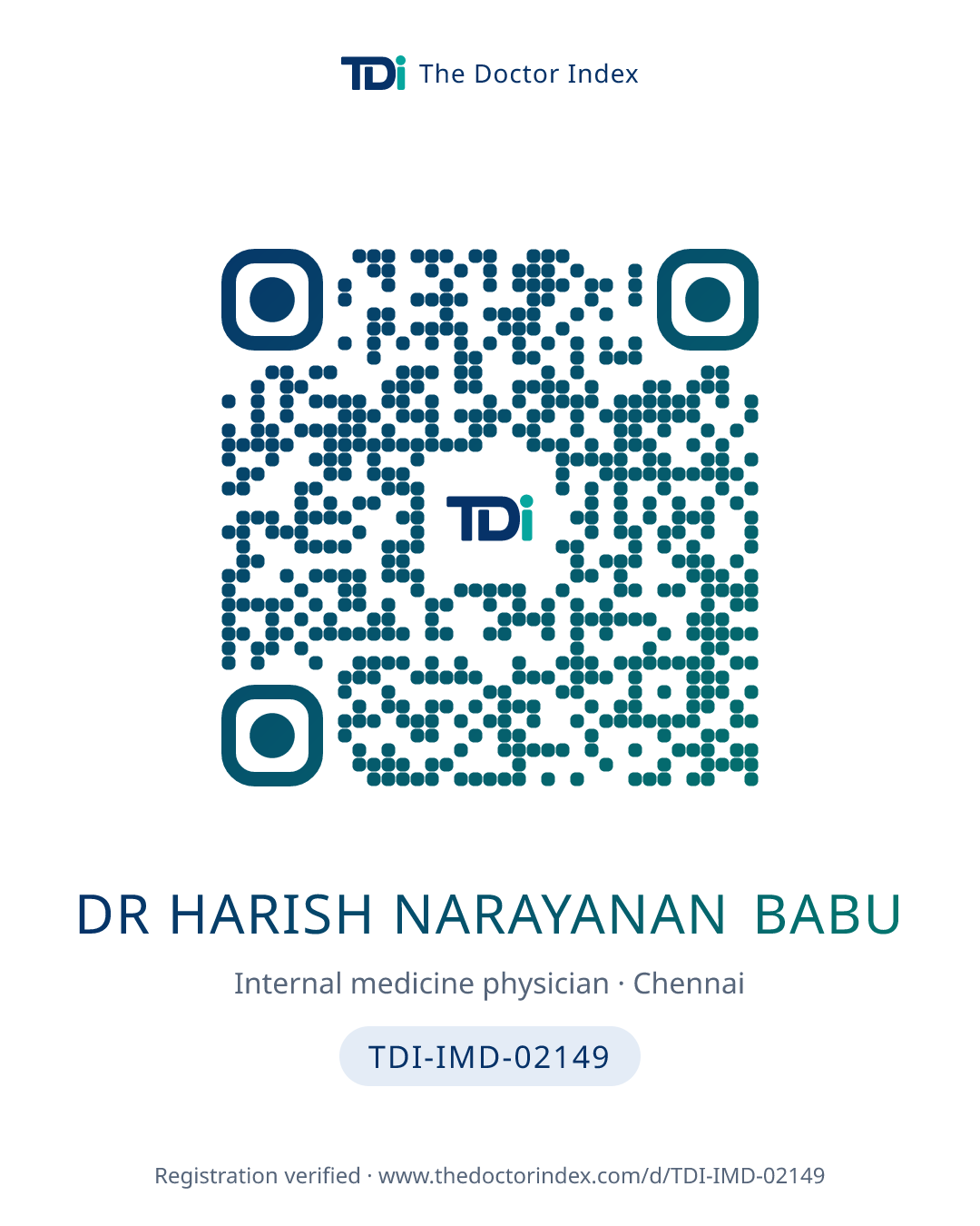 QR card for Dr Harish Narayanan Babu, TDI-IMD-02149