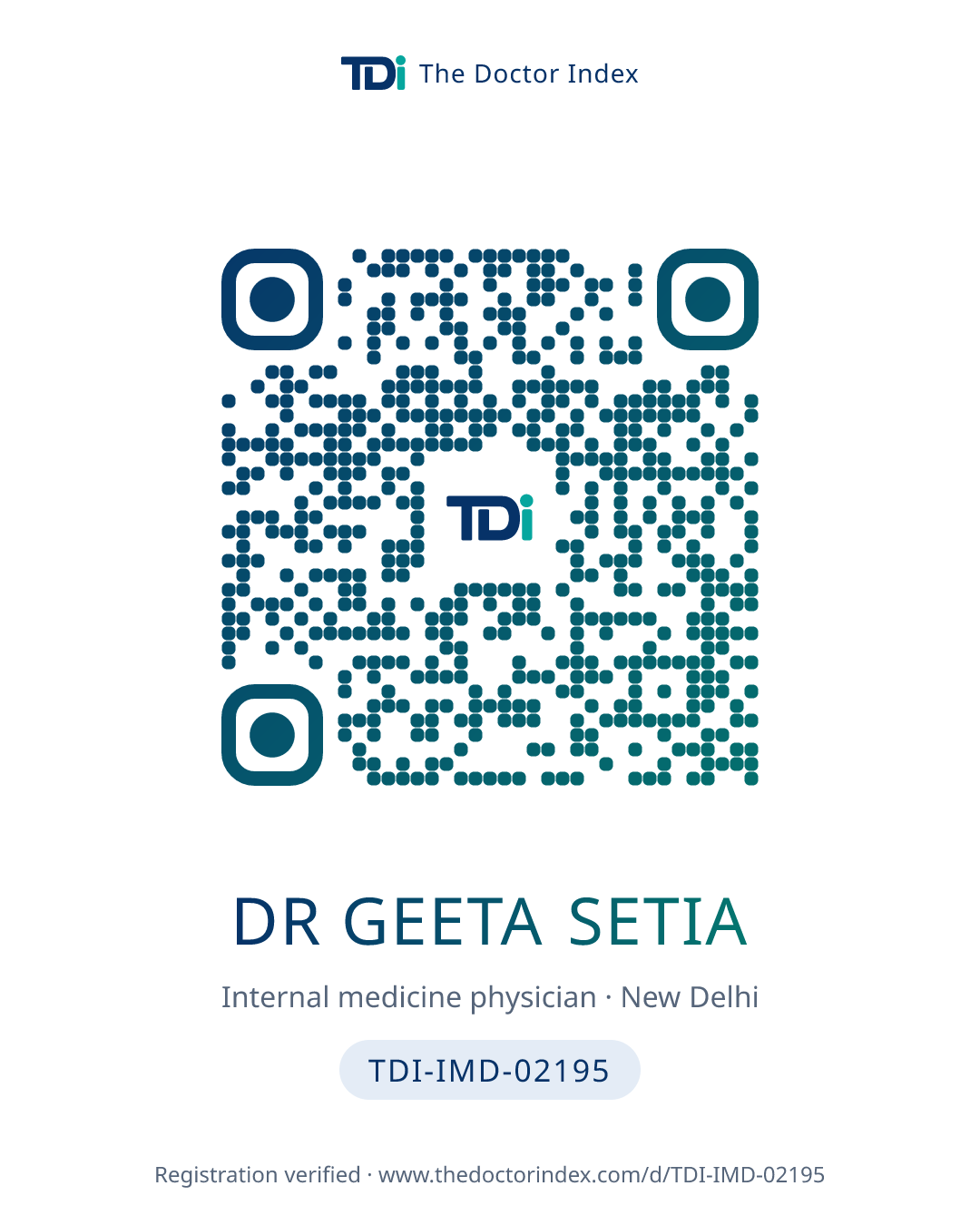 QR card for Dr Geeta Setia, TDI-IMD-02195