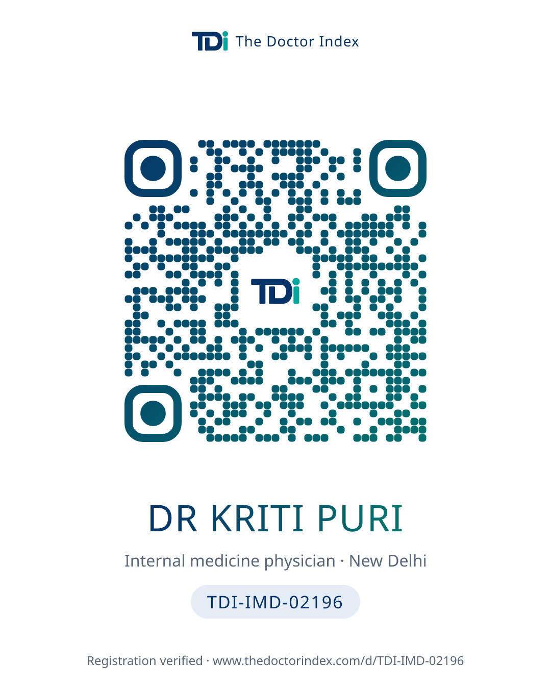 QR card for Dr Kriti Puri, TDI-IMD-02196