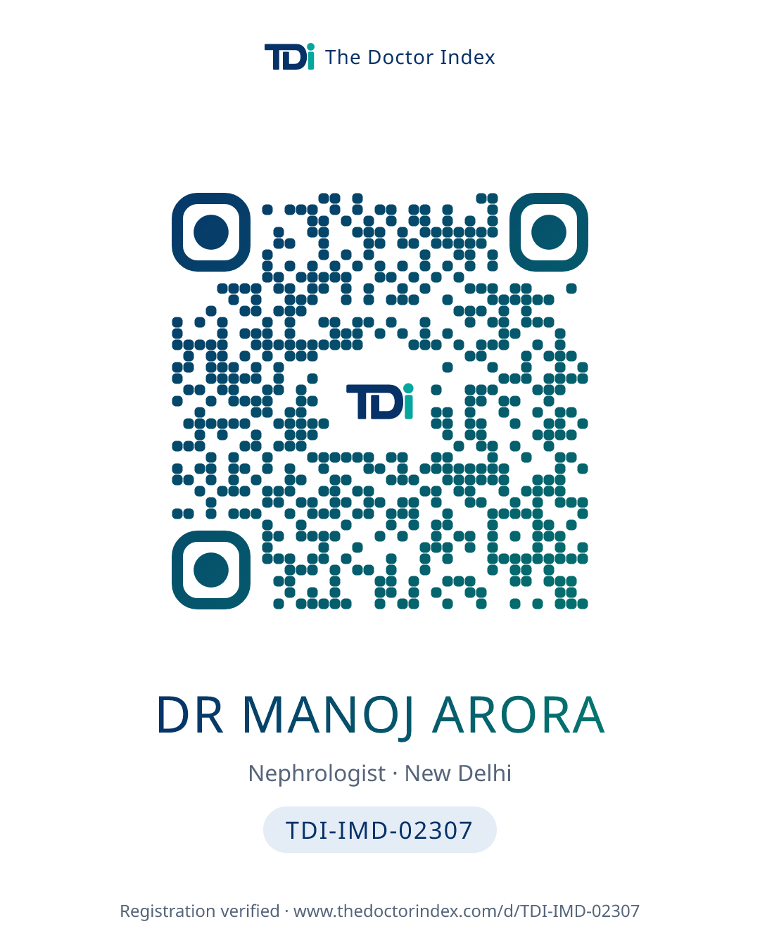 QR card for Dr Manoj Arora, TDI-IMD-02307