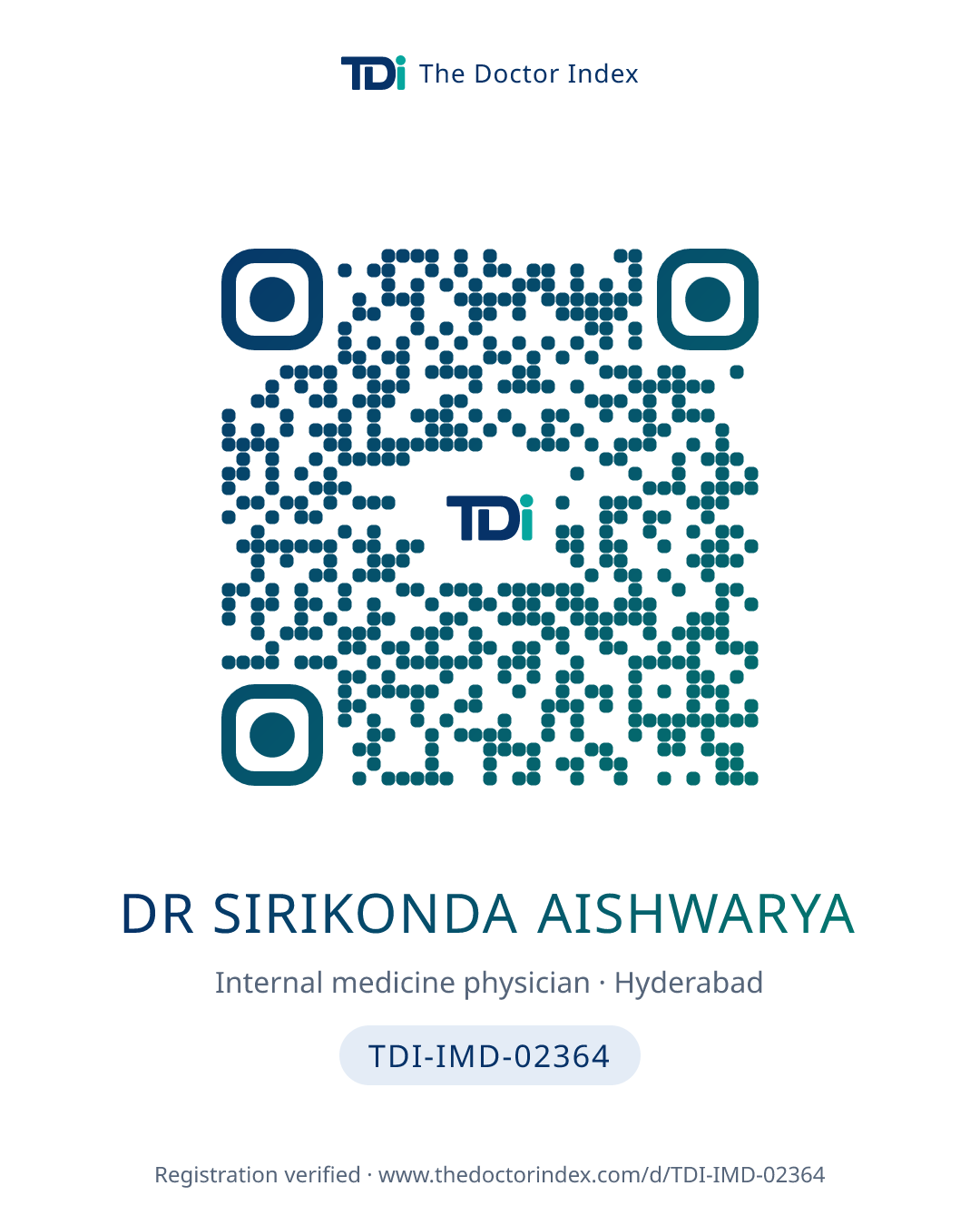 QR card for Dr Sirikonda Aishwarya, TDI-IMD-02364
