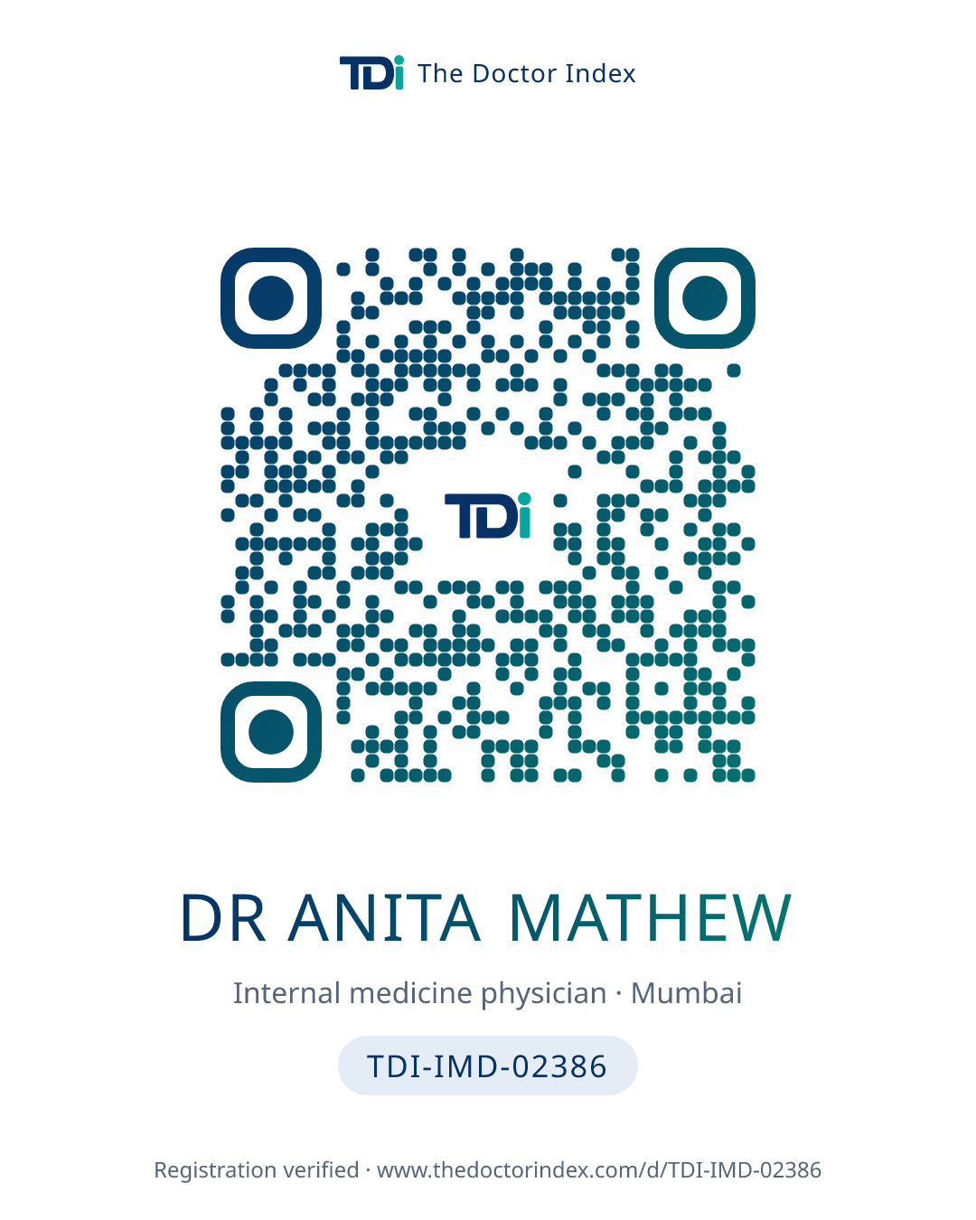 QR card for Dr Anita Mathew, TDI-IMD-02386