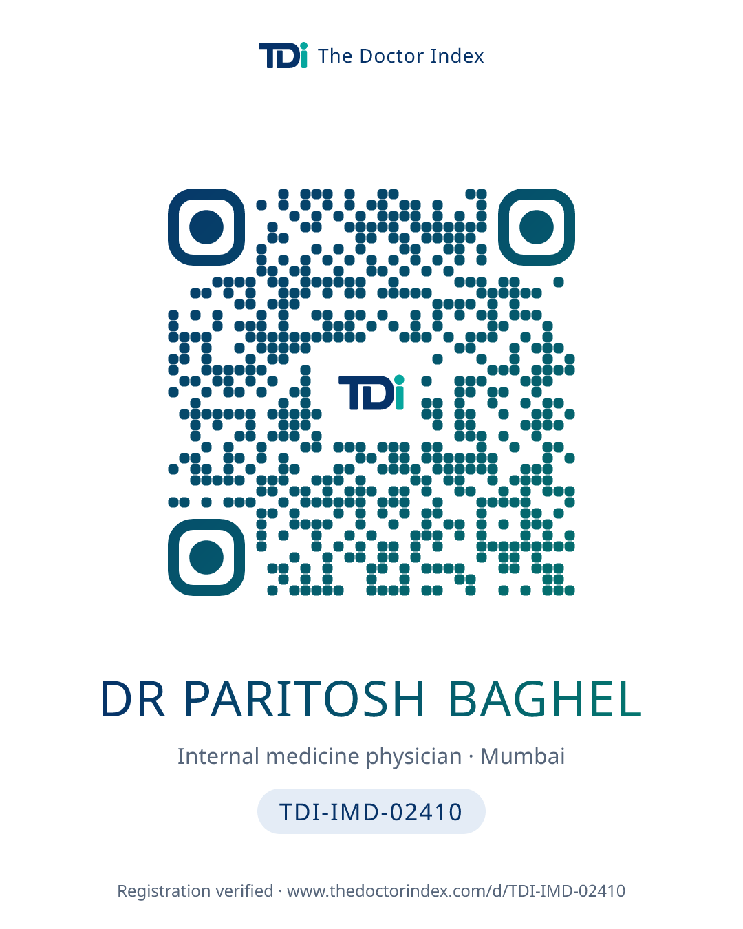 QR card for Dr Paritosh Baghel, TDI-IMD-02410