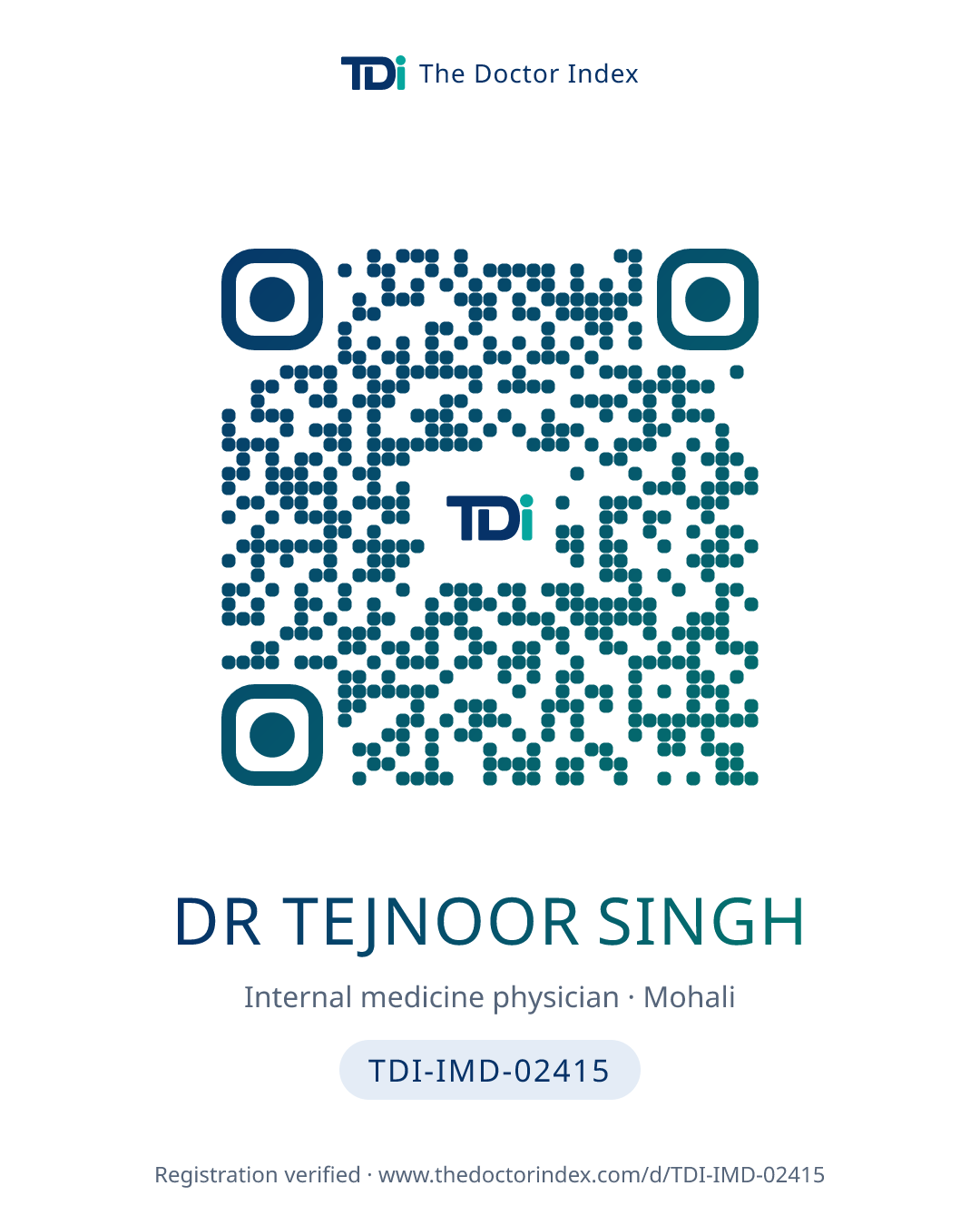 QR card for Dr Tejnoor Singh, TDI-IMD-02415