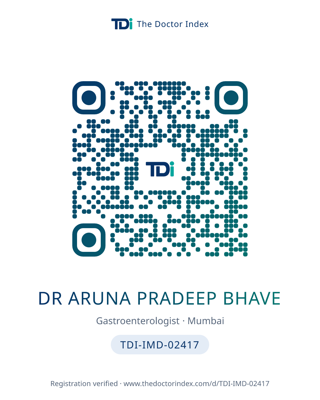 QR card for Dr Aruna Pradeep Bhave, TDI-IMD-02417