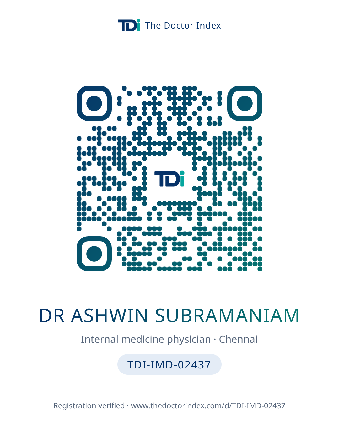 QR card for Dr Ashwin Subramaniam, TDI-IMD-02437