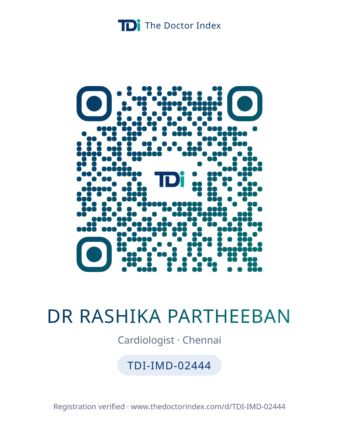 QR card for Dr Rashika Partheeban, TDI-IMD-02444