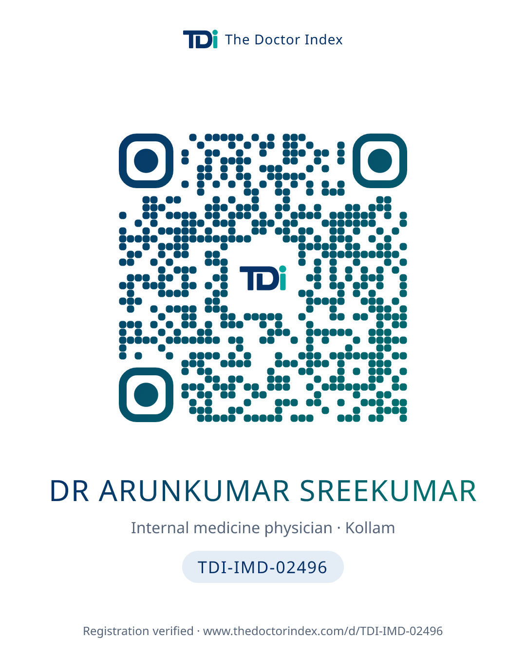 QR card for Dr Arunkumar Sreekumar, TDI-IMD-02496