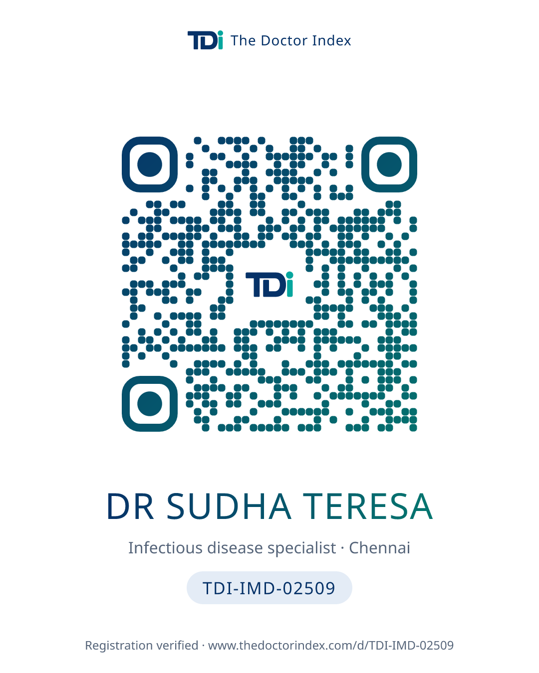 QR card for Dr Sudha Teresa, TDI-IMD-02509