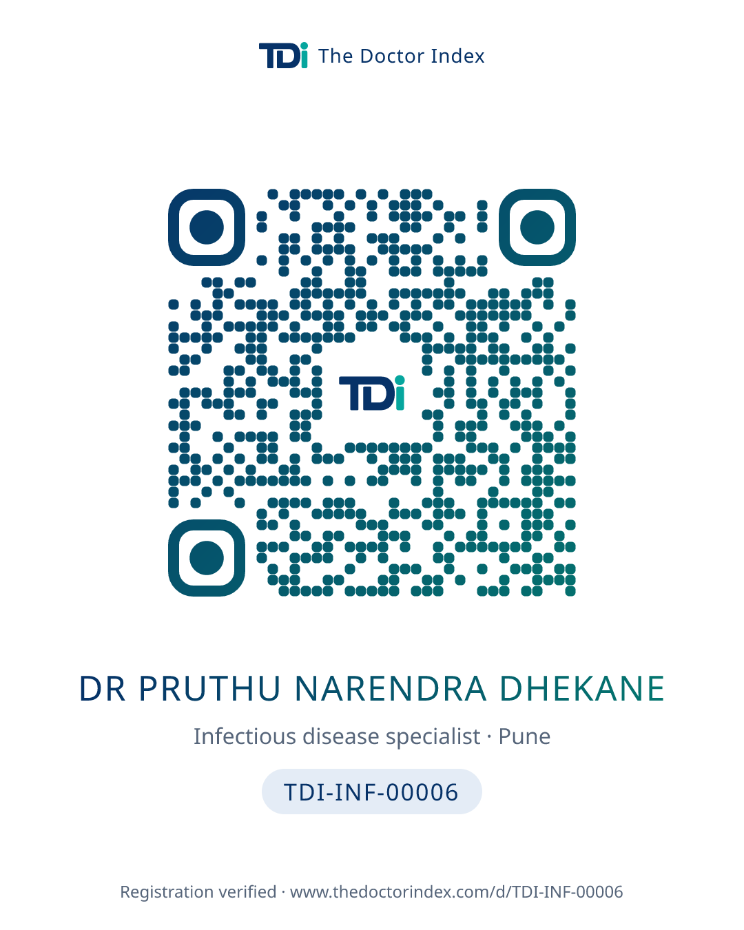 QR card for Dr Pruthu Narendra Dhekane, TDI-INF-00006
