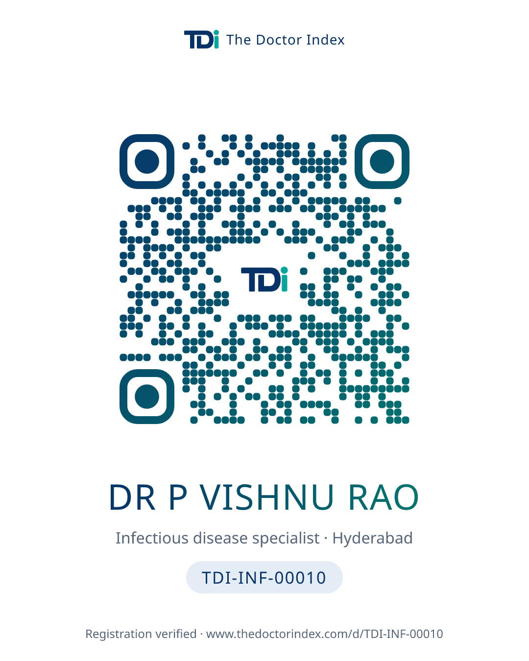 QR card for Dr P Vishnu Rao, TDI-INF-00010