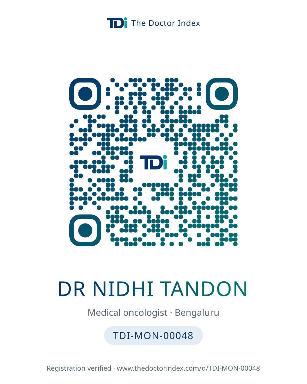 QR card for Dr Nidhi Tandon, TDI-MON-00048