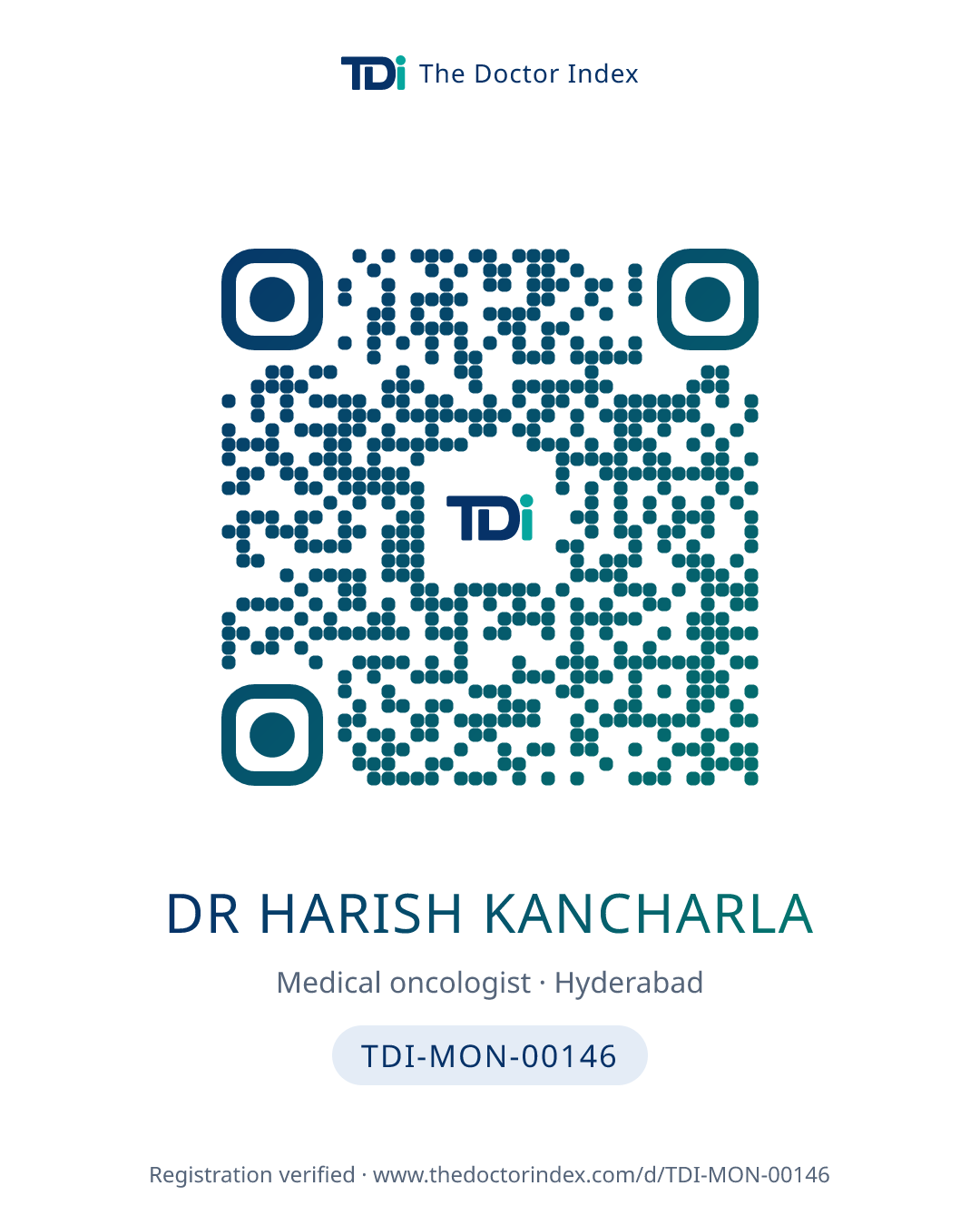 QR card for Dr Harish Kancharla, TDI-MON-00146