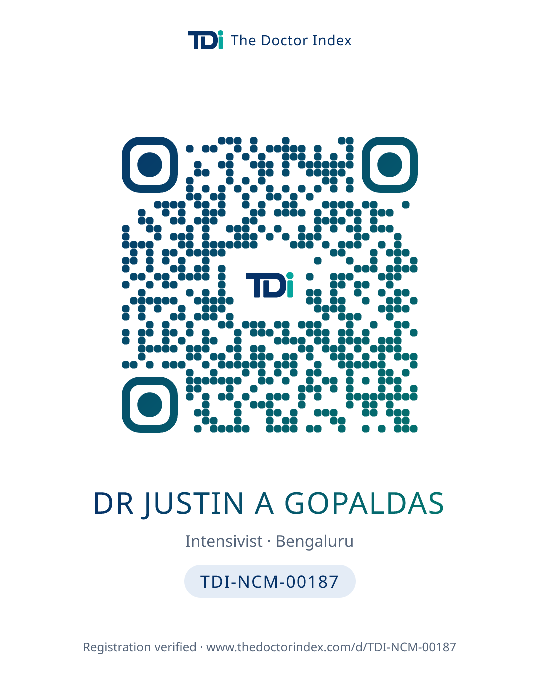 QR card for Dr Justin A Gopaldas, TDI-NCM-00187
