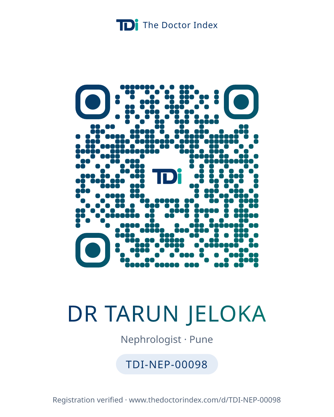 QR card for Dr Tarun Jeloka, TDI-NEP-00098