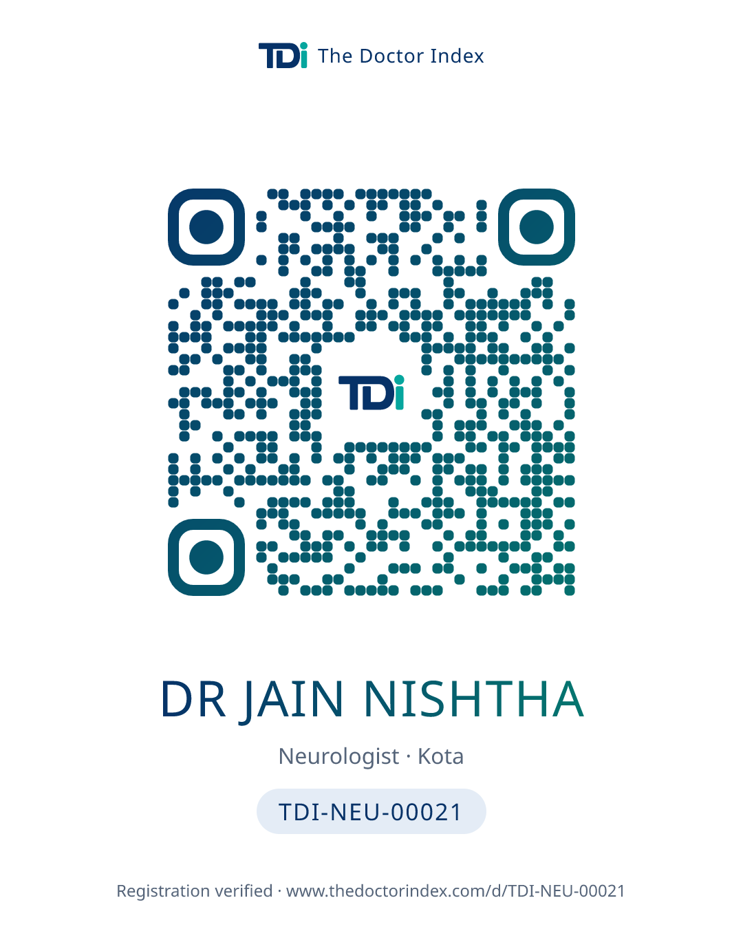 QR card for Dr Jain Nishtha, TDI-NEU-00021