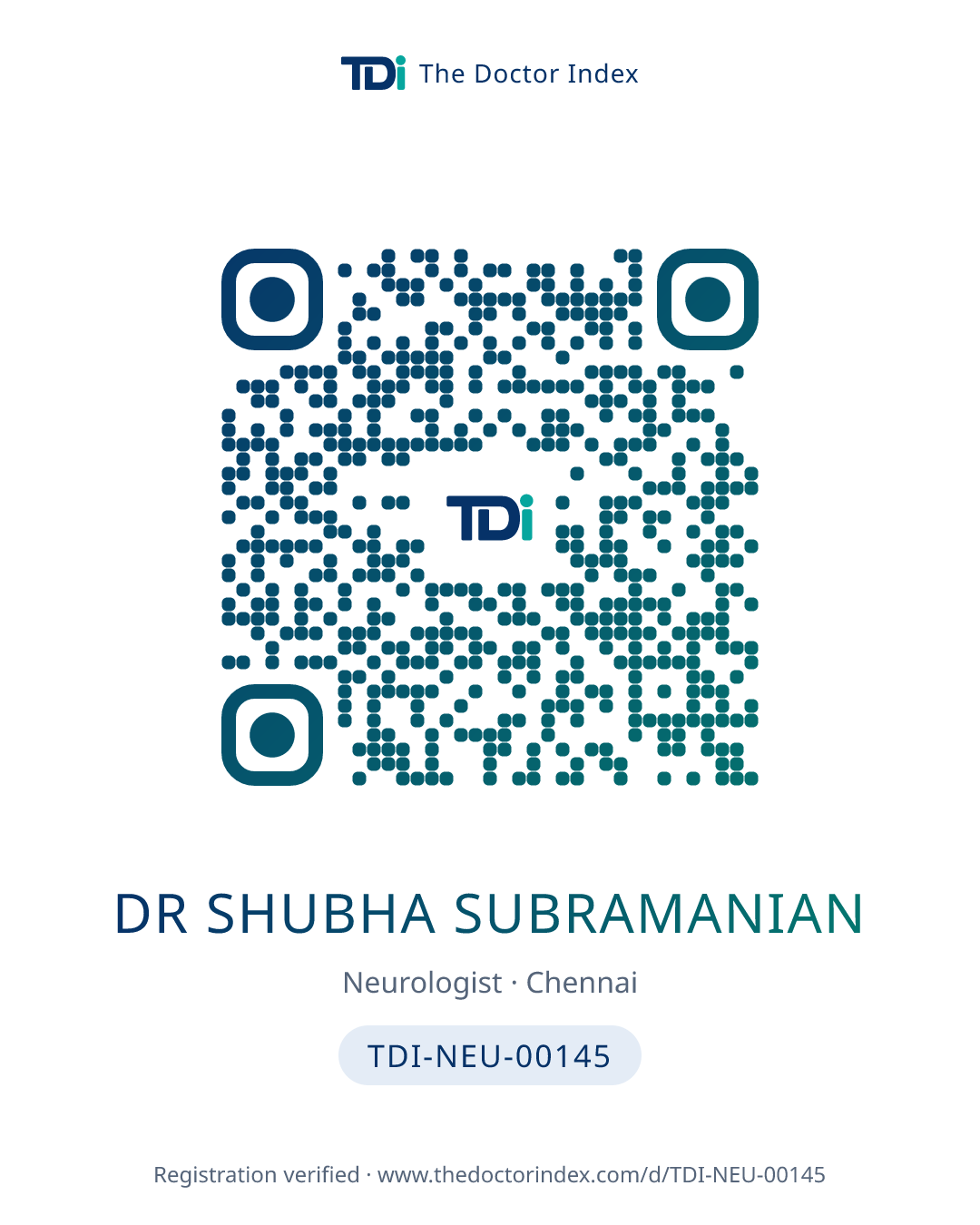 QR card for Dr shubha Subramanian, TDI-NEU-00145
