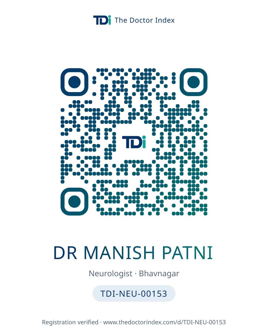 QR card for Dr Manish Patni, TDI-NEU-00153
