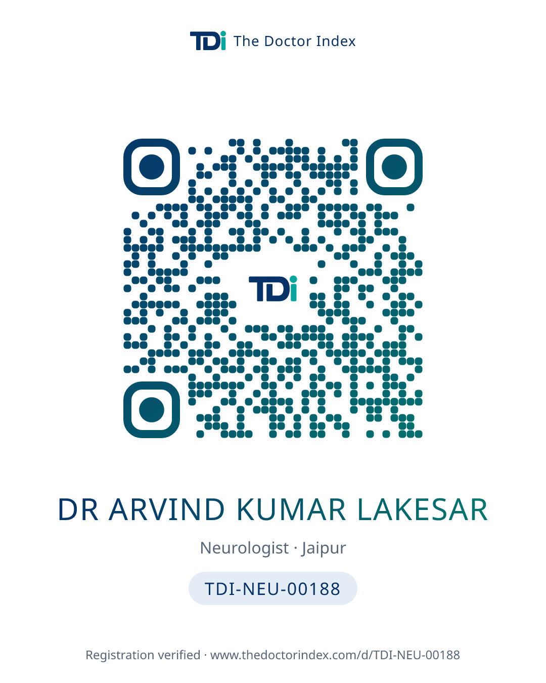 QR card for Dr Arvind Kumar Lakesar, TDI-NEU-00188
