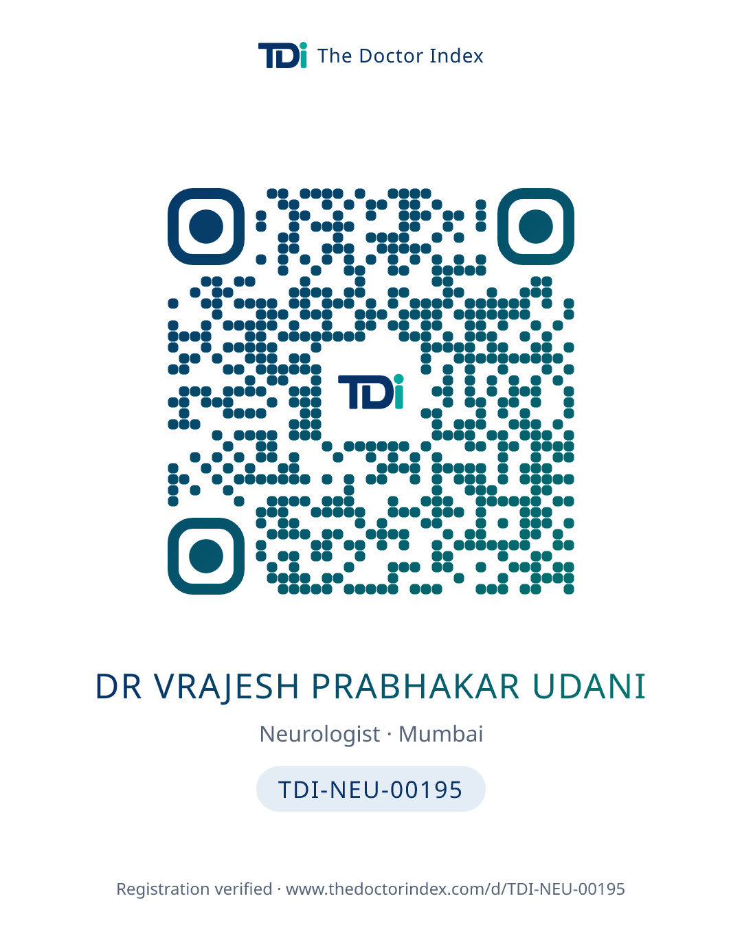 QR card for Dr Vrajesh Prabhakar Udani, TDI-NEU-00195