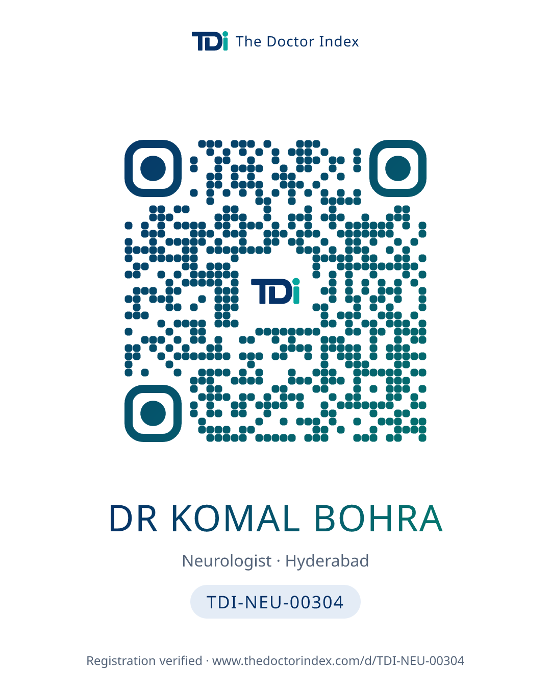 QR card for Dr Komal Bohra, TDI-NEU-00304