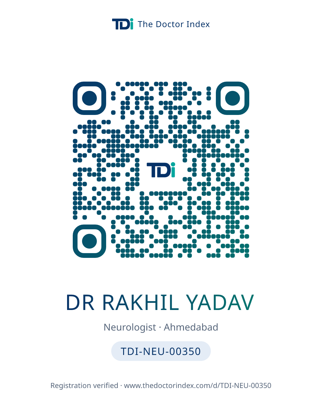 QR card for Dr Rakhil Yadav, TDI-NEU-00350
