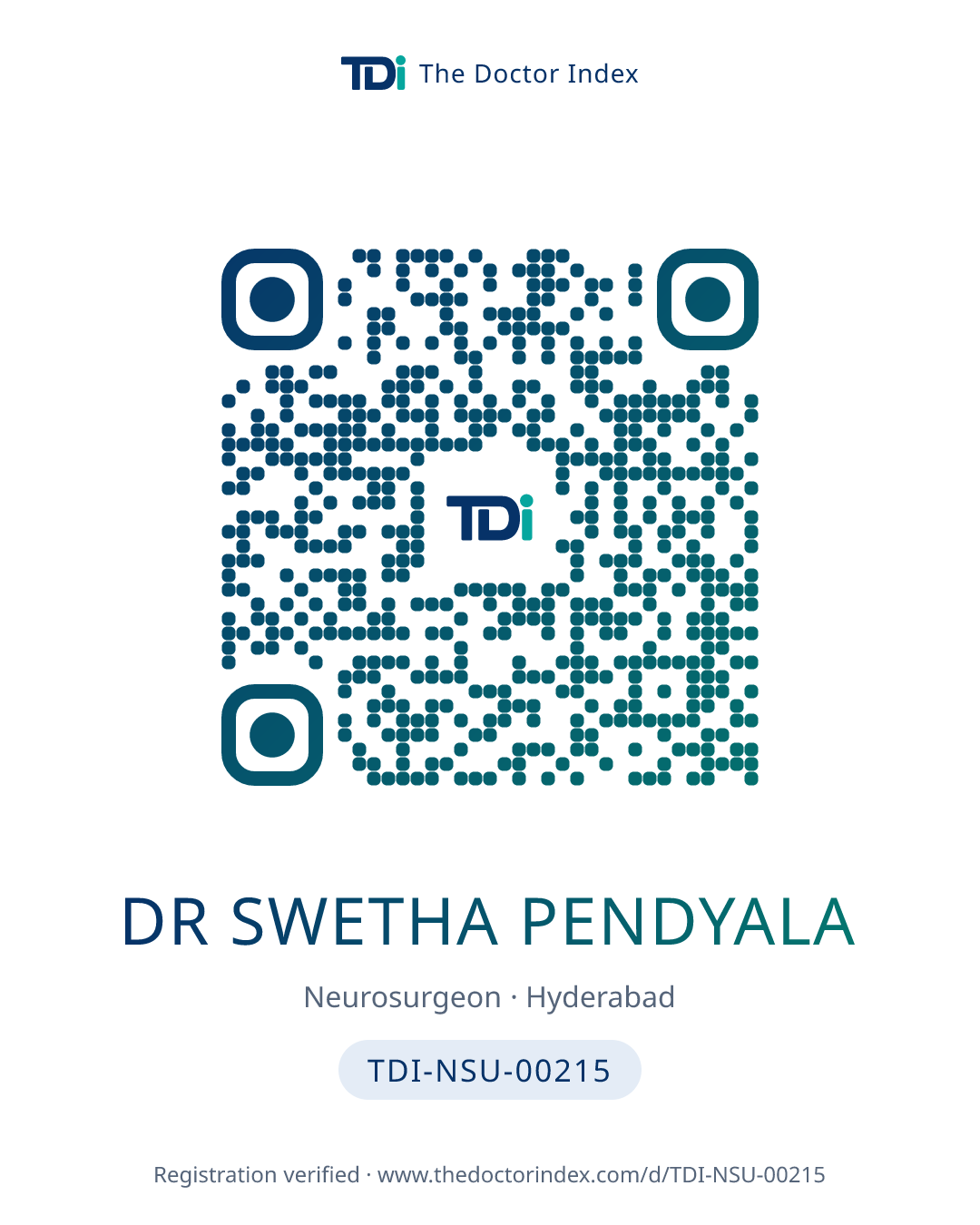 QR card for Dr Swetha Pendyala, TDI-NSU-00215