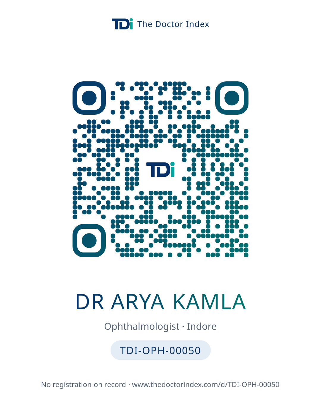 QR card for Dr Arya Kamla, TDI-OPH-00050