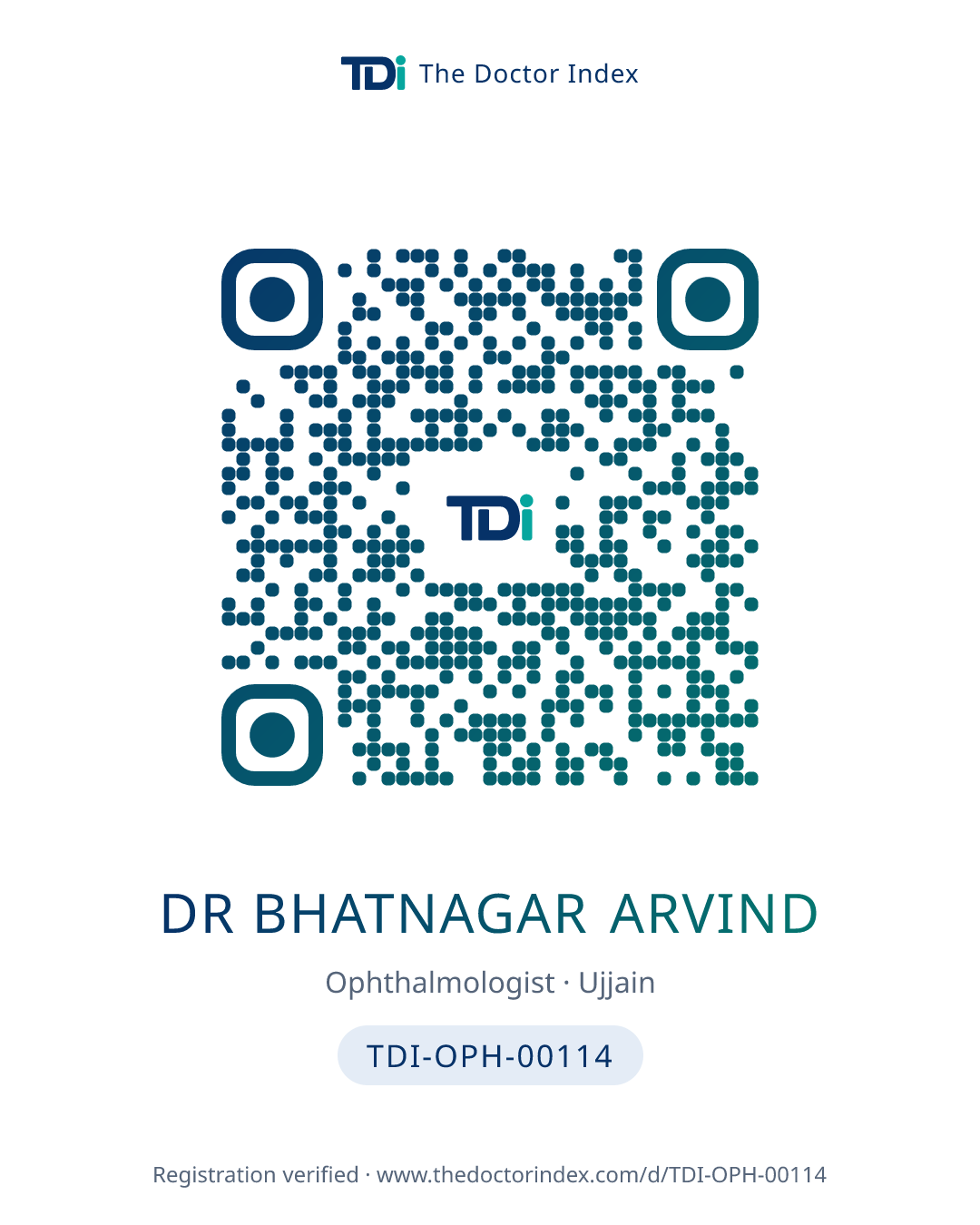 QR card for Dr Bhatnagar Arvind, TDI-OPH-00114