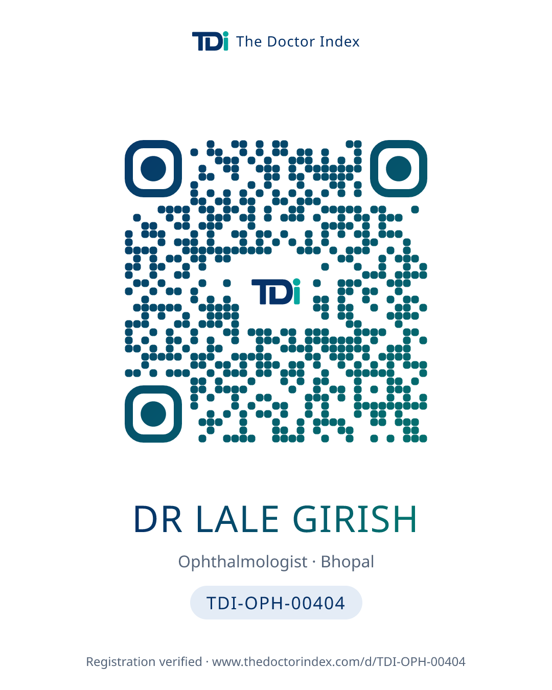 QR card for Dr Lale Girish, TDI-OPH-00404