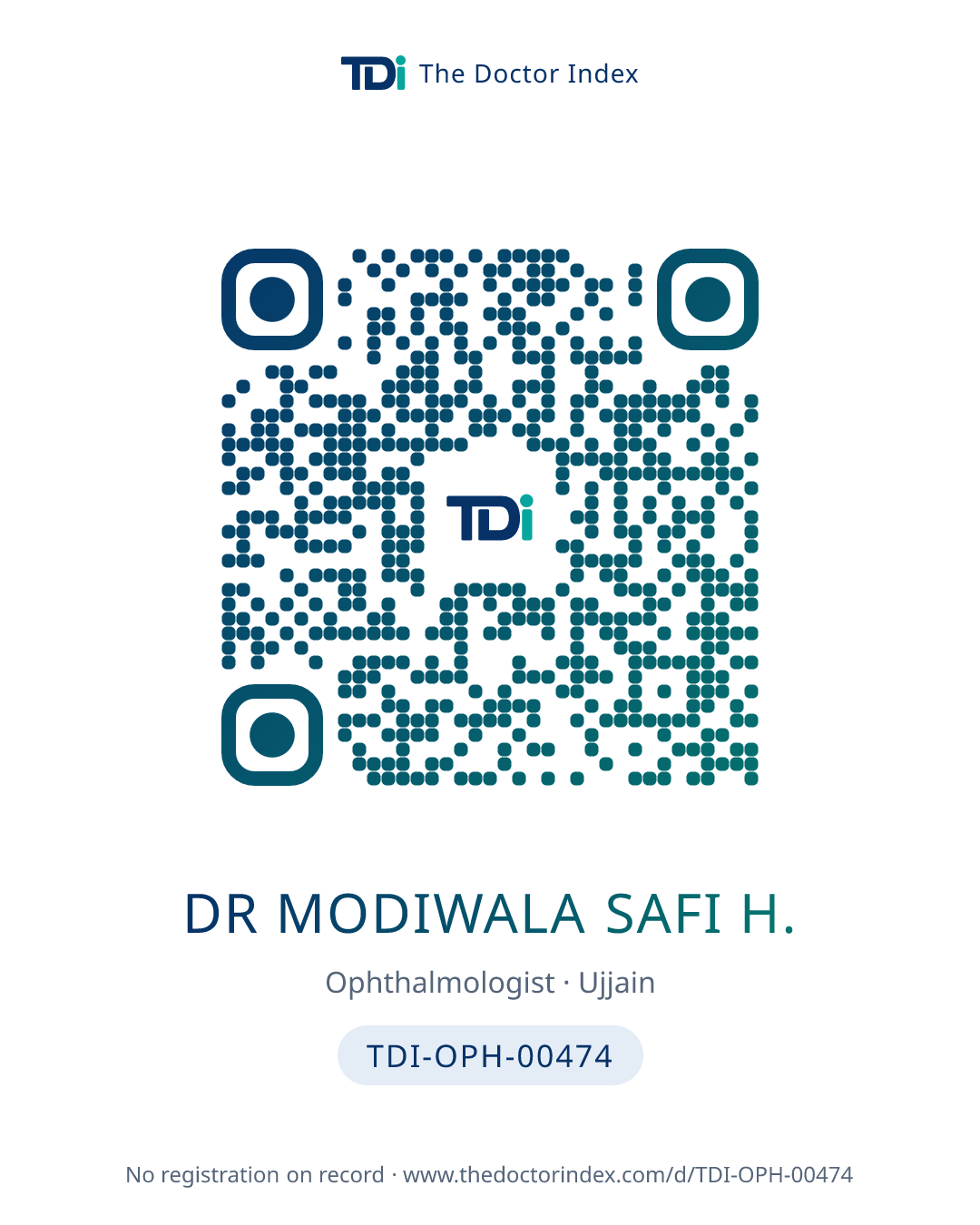 QR card for Dr Modiwala Safi H., TDI-OPH-00474