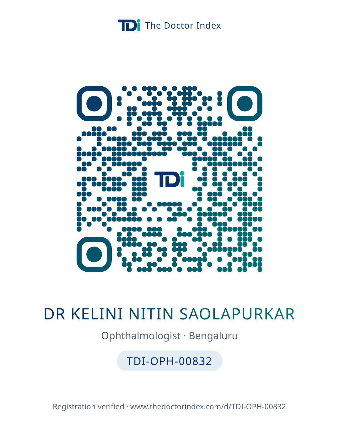 QR card for Dr Kelini Nitin Saolapurkar, TDI-OPH-00832