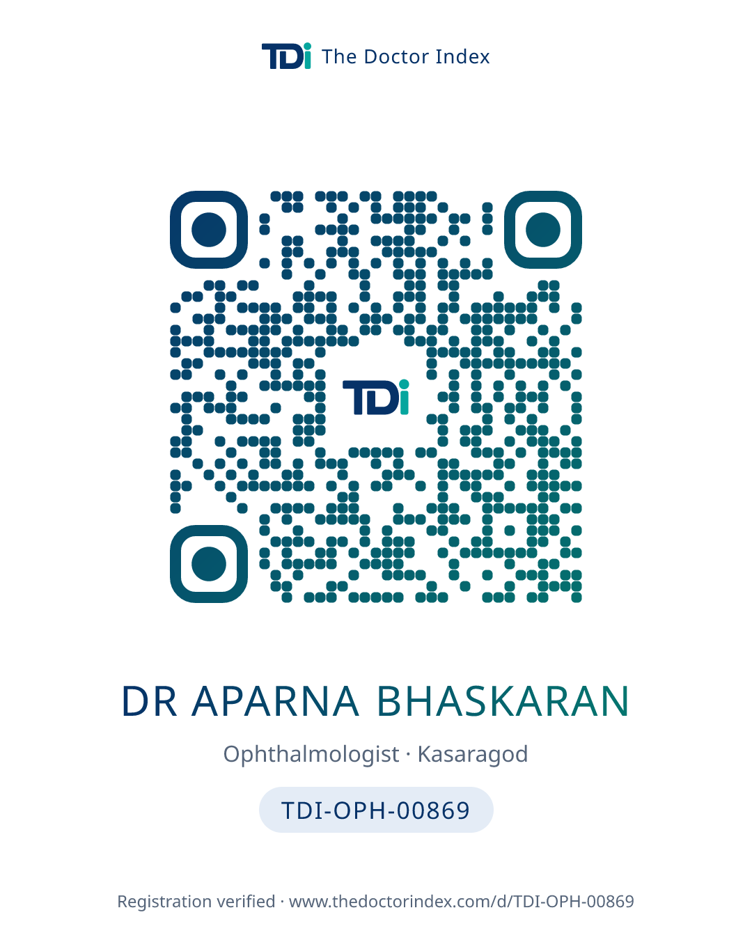 QR card for Dr Aparna Bhaskaran, TDI-OPH-00869