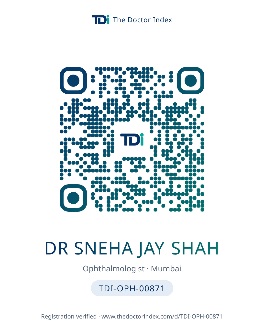 QR card for Dr Sneha Jay Shah, TDI-OPH-00871