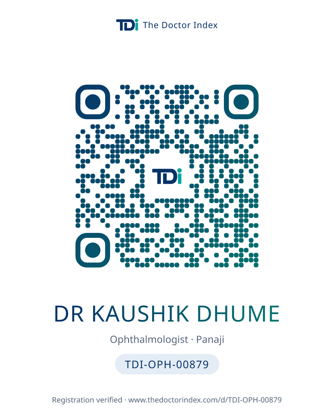 QR card for Dr Kaushik Dhume, TDI-OPH-00879