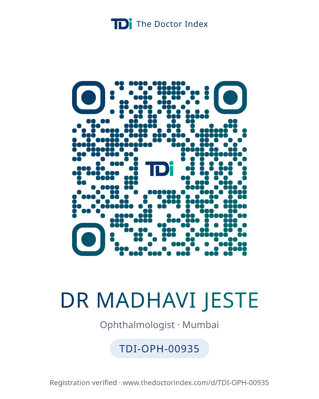 QR card for Dr Madhavi Jeste, TDI-OPH-00935