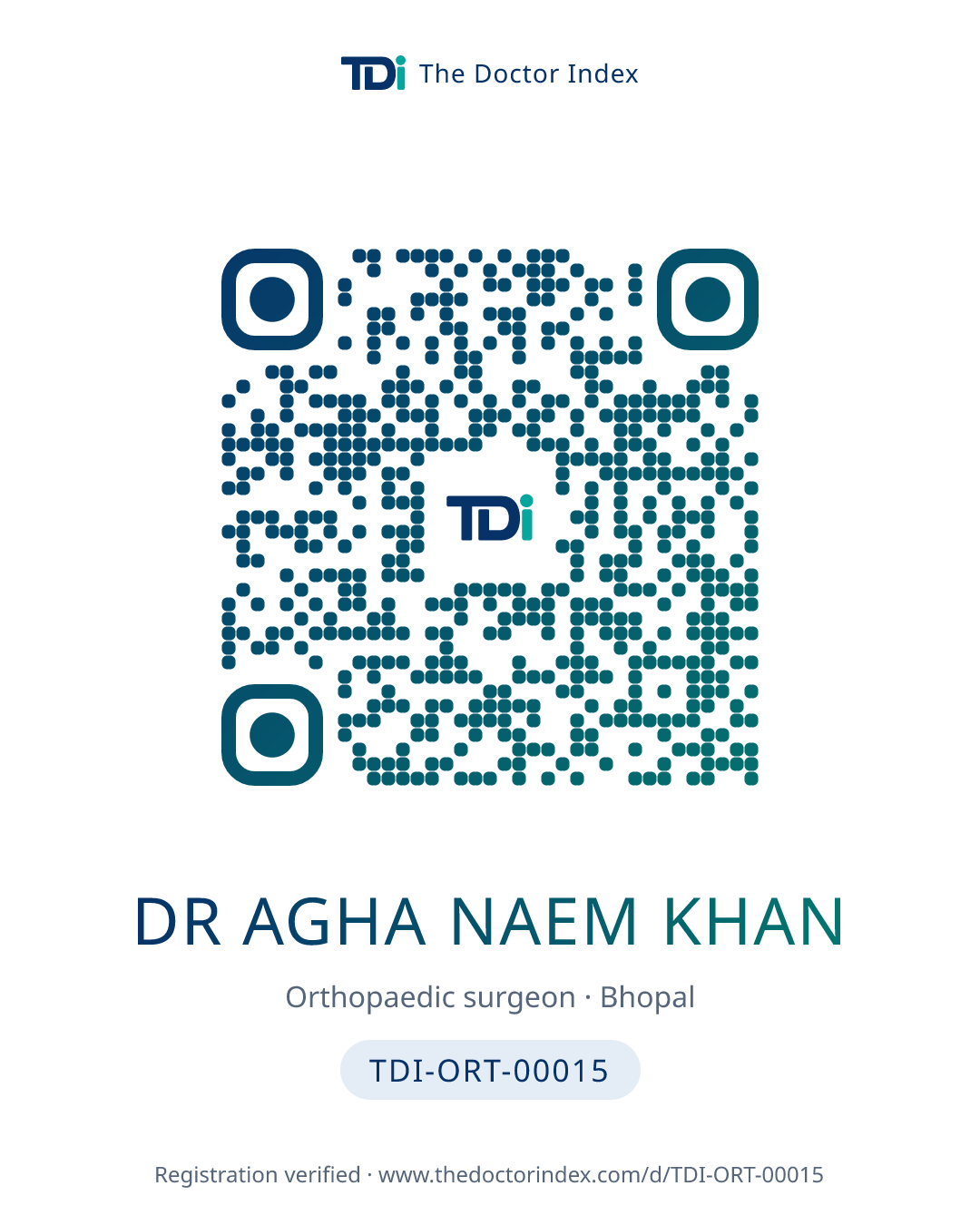 QR card for Dr Agha Naem Khan, TDI-ORT-00015