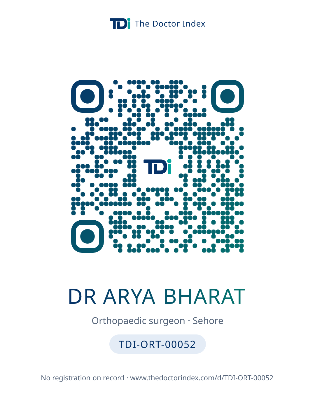 QR card for Dr Arya Bharat, TDI-ORT-00052