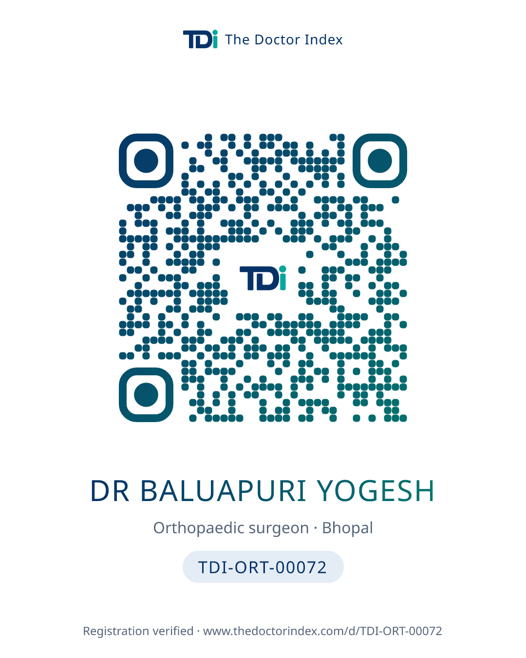 QR card for Dr Baluapuri Yogesh, TDI-ORT-00072