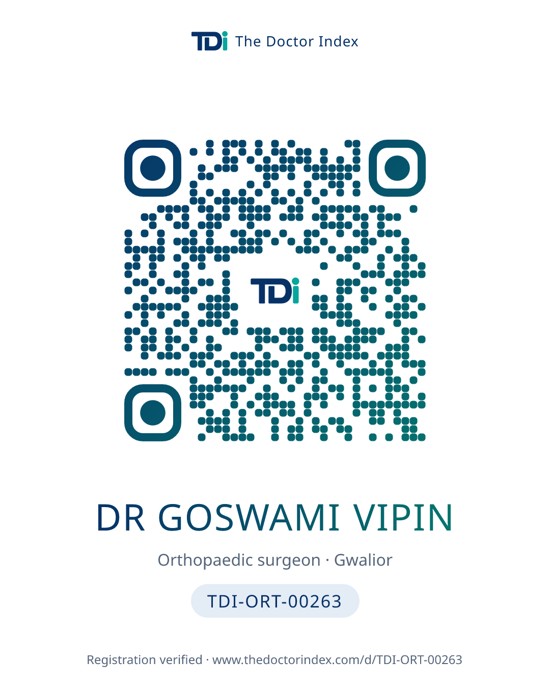 QR card for Dr Goswami Vipin, TDI-ORT-00263