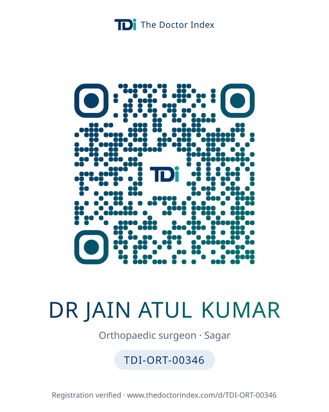 QR card for Dr Jain Atul Kumar, TDI-ORT-00346