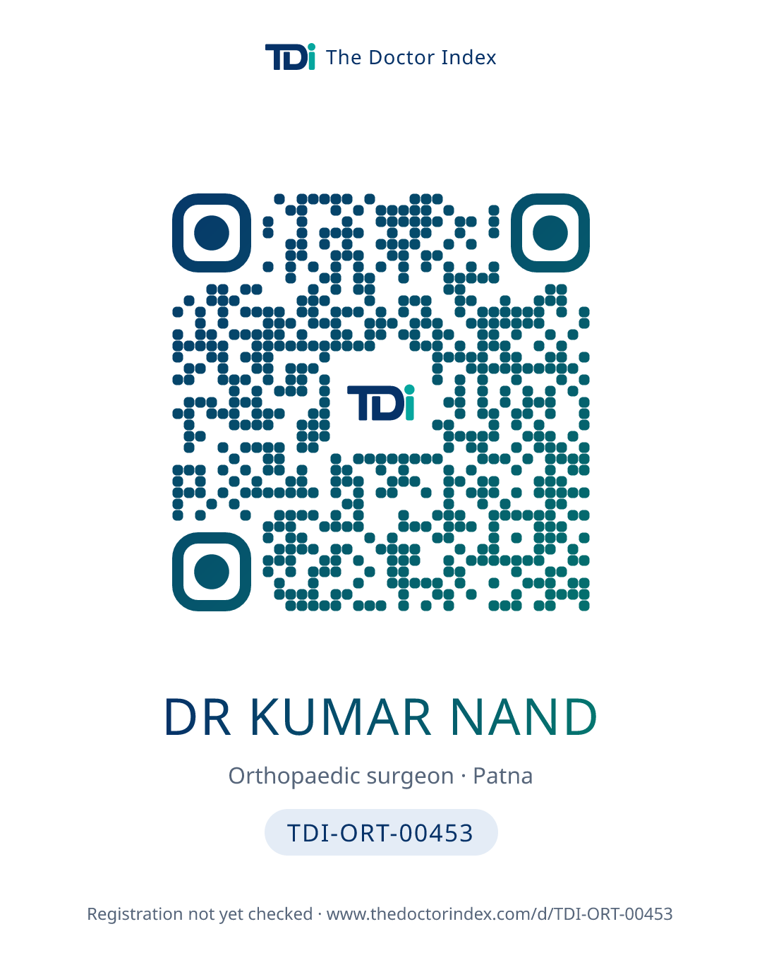 QR card for Dr Kumar Nand, TDI-ORT-00453