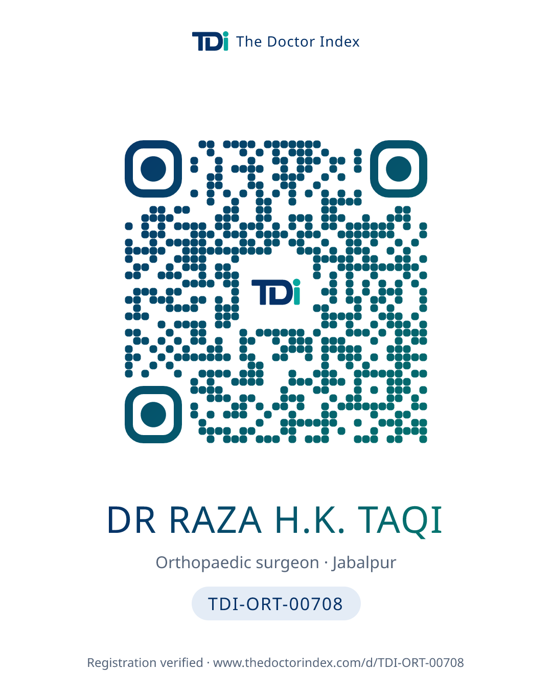 QR card for Dr Raza H.K. Taqi, TDI-ORT-00708