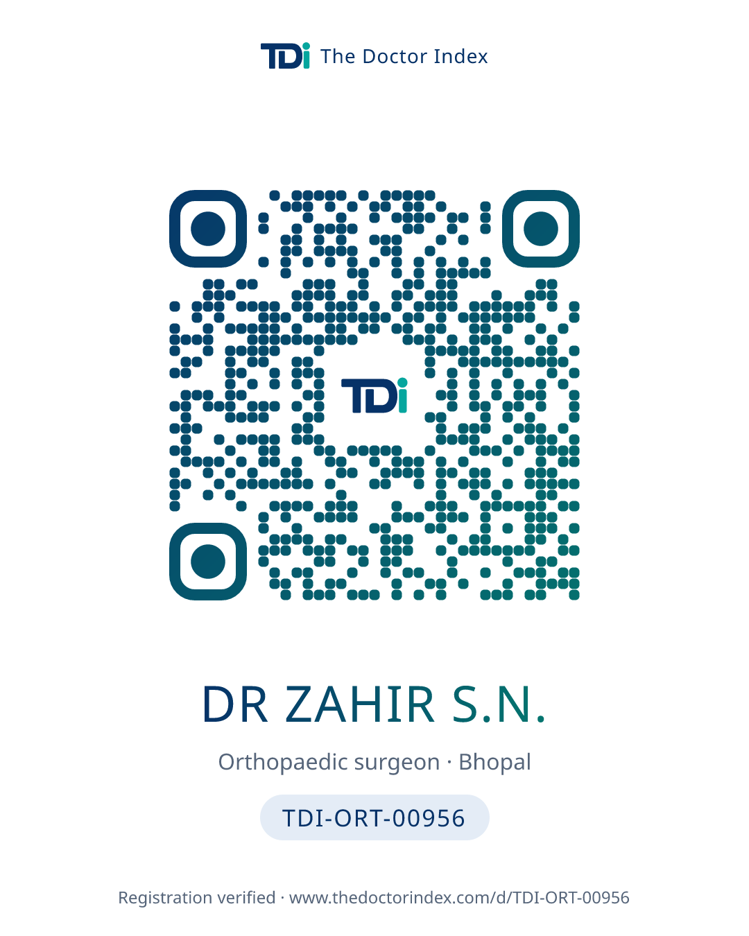 QR card for Dr Zahir S.N., TDI-ORT-00956