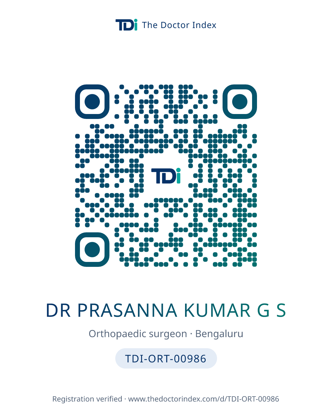 QR card for Dr Prasanna Kumar G S, TDI-ORT-00986